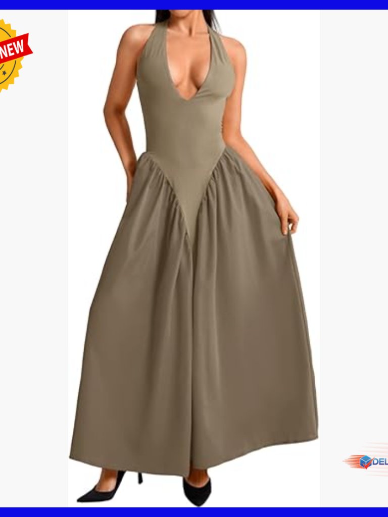 Deep V Neck Halter Maxi Dress Corset Drop Waist Formal Wedding Guest
